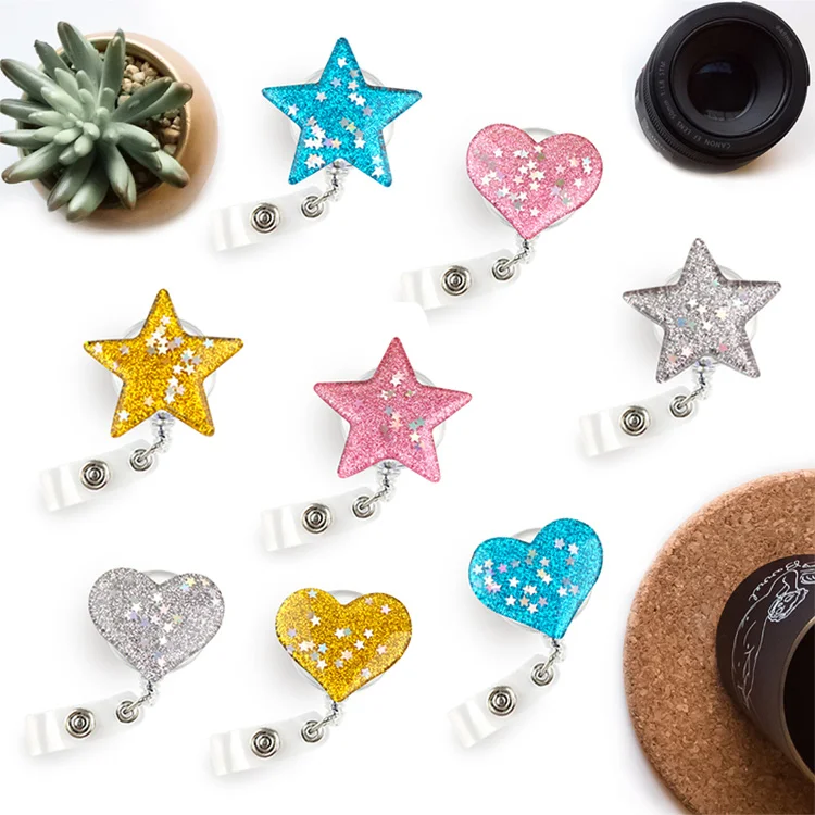 

Resin Star Heart Shell Design Retractable Badge Reel Pull ID Card 3D Badge Holder For Nurse student Belt Clip Hospital Office