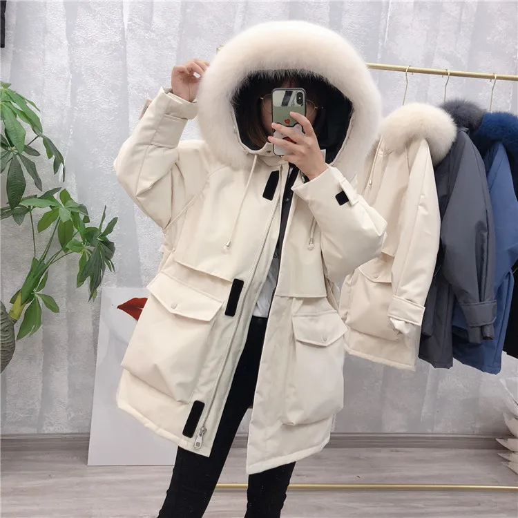 Женское зимнее пальто, свободная Женская Толстая теплая куртка, пальто с большим воротником и капюшоном, женское белое пуховое пальто, Casaco Feminino Parkas