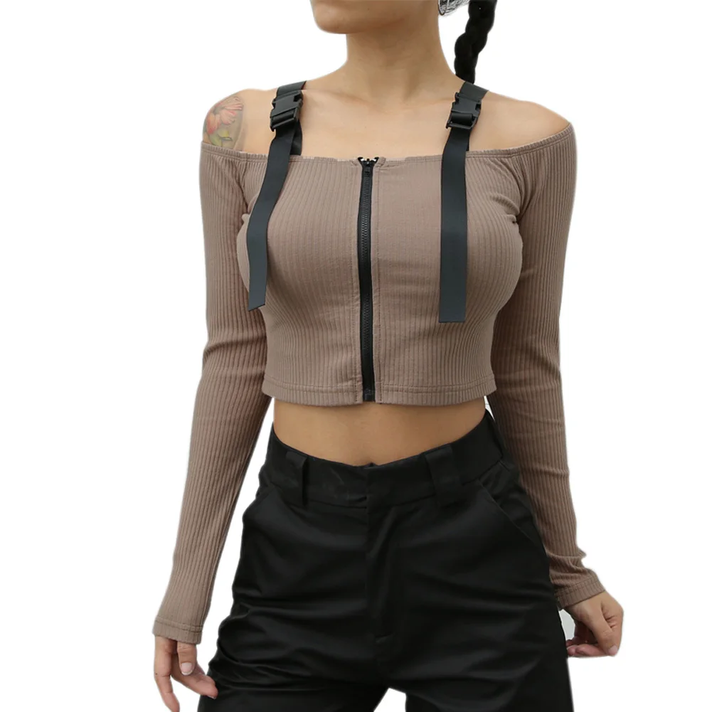 Хаки Pop Lady Short Top Solid Color Zipper Buckle Long Sleeve Off Shoulder Crop For Summer Pop 88 - Цвет: Хаки