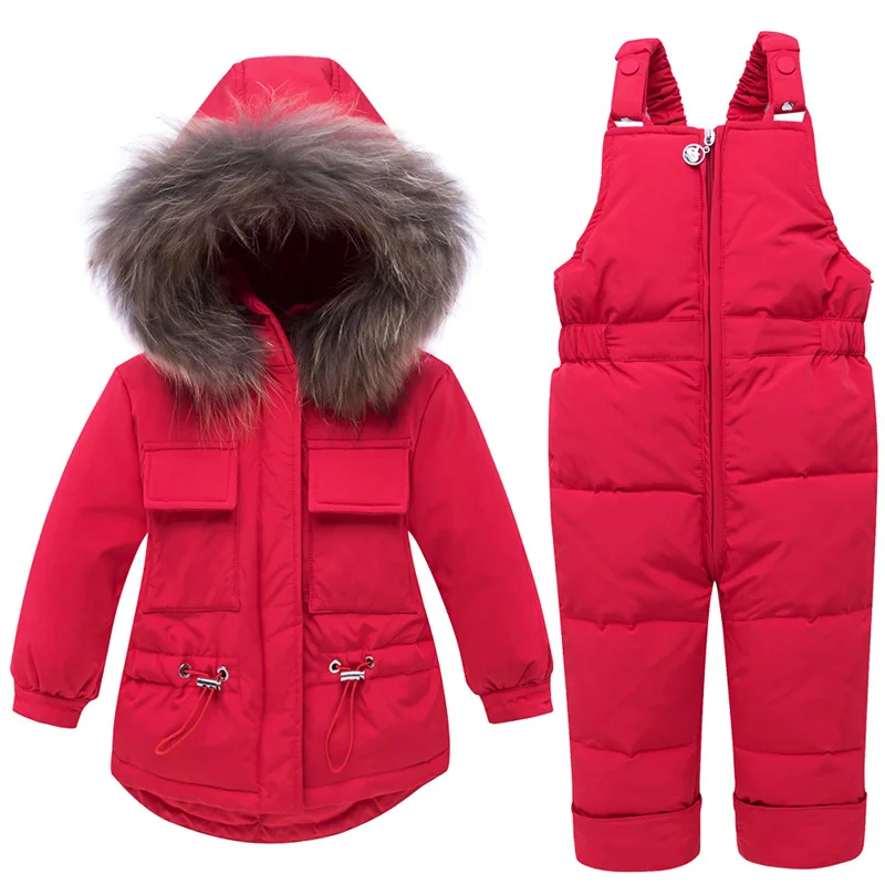 Русский зимний утепленный детский зимний комбинезон, комплект одежды из 90% утиного пуха, штаны-куртка для маленьких девочек, пальто для мальчиков верхняя одежда - Цвет: Red