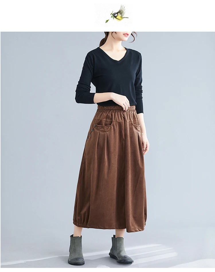 Female Winter Bud Long Corduroy Skirts Women Elegant High Waist Vintage Midi Skirt Pocket Black,Coffee,Apricot