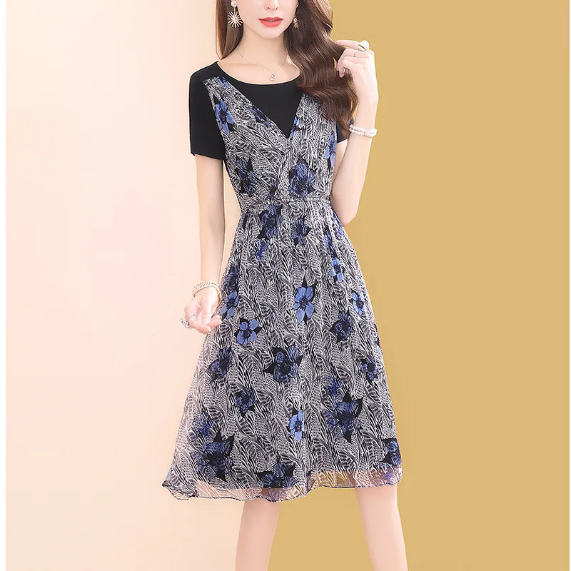 

Ozhouzhan Printed Faux Mulberry Silk Imitated Silk Fabric Dress Women's Summer Mid-length New Style Slimming Popular Skirt