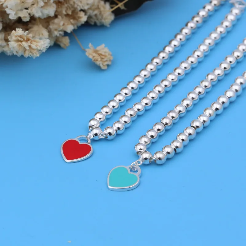 TF браслеты Tiffany с эмалью и подвеской в виде сердца, 925 серебряный браслет с бусинами, голубой, розовый, в форме сердца, женский подарок на день рождения