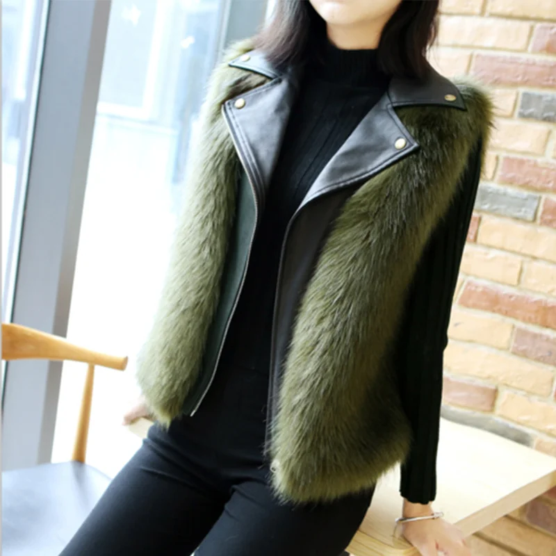 Женский жилет с искусственным лисьим мехом зимний кожаный без рукавов модный