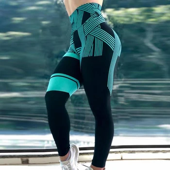 

2020 New Arrival Green Black Stripe Printed Leggings Women Sporting Fitness Legging For Women Hip High Waist Elastic Leggins