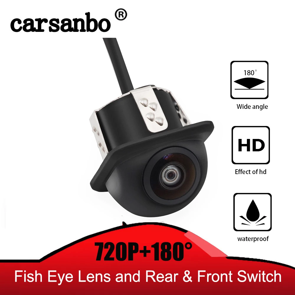 Online HD 1280*720P visión nocturna coche cámara de visión trasera para marcha atrás IP68 impermeable 12V 180H grados Auto marcha atrás cámara de respaldo