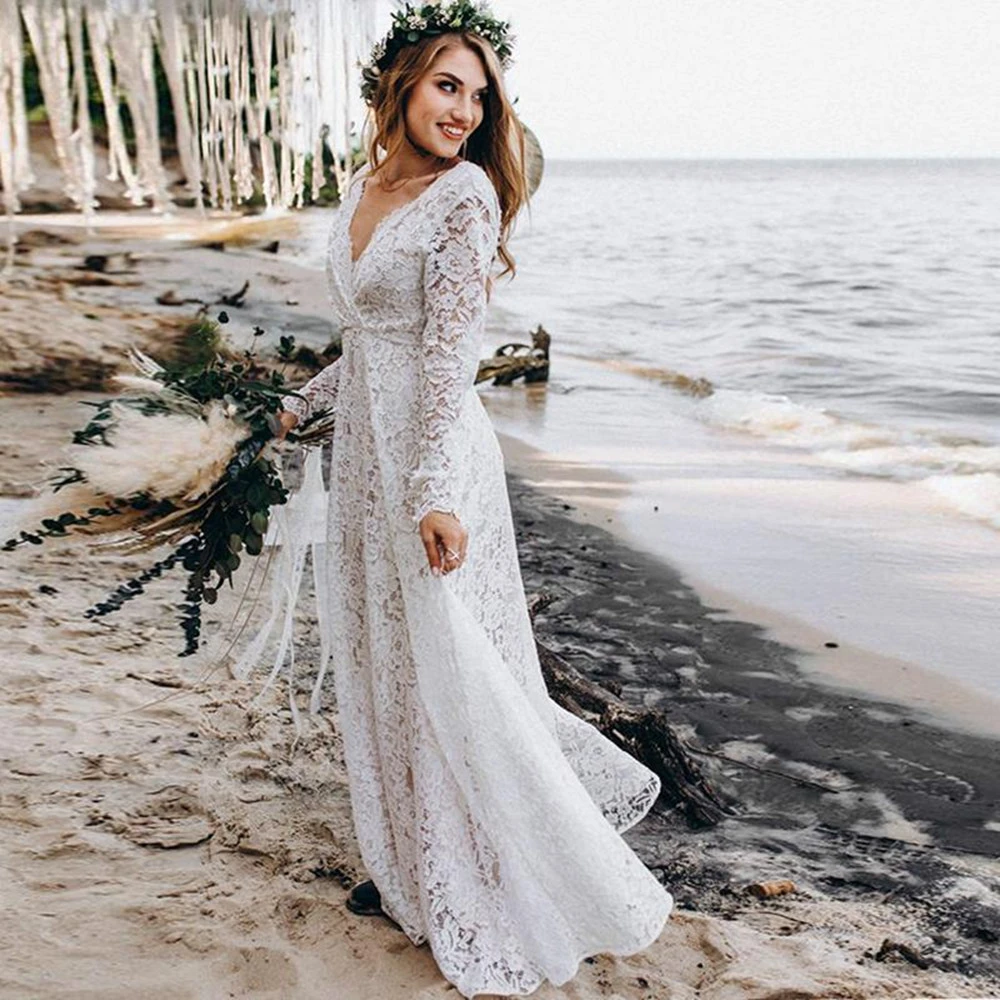 Vestidos de novia de encaje Hippie, bohemio, de manga larga, con cuello de pico, para la playa, baratos|Vestidos de novia| -