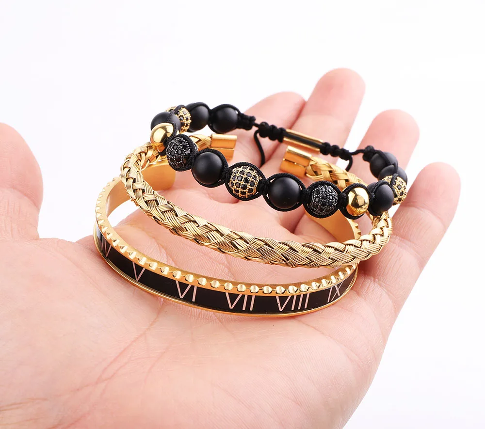 High Quality Men Jewelry Gold Stainless Steel Roman Cuff Bangle Natural Stone Macrame Bracelet Set Men - Image 6