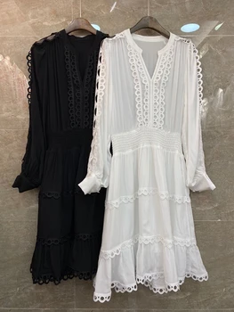

2020 Spring and Summer New Women's Neckline V Letter Split Decorative Circle Stitching Long-Sleeved Dress 405
