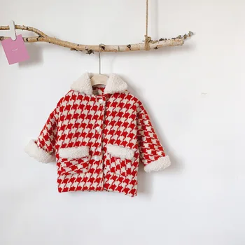 

Fashion Houndstooth Coat for Kids Girls Winter Thick Jacket Warm Long Style Red Baby Girl Outwear Children Princess Clothes 1-6y