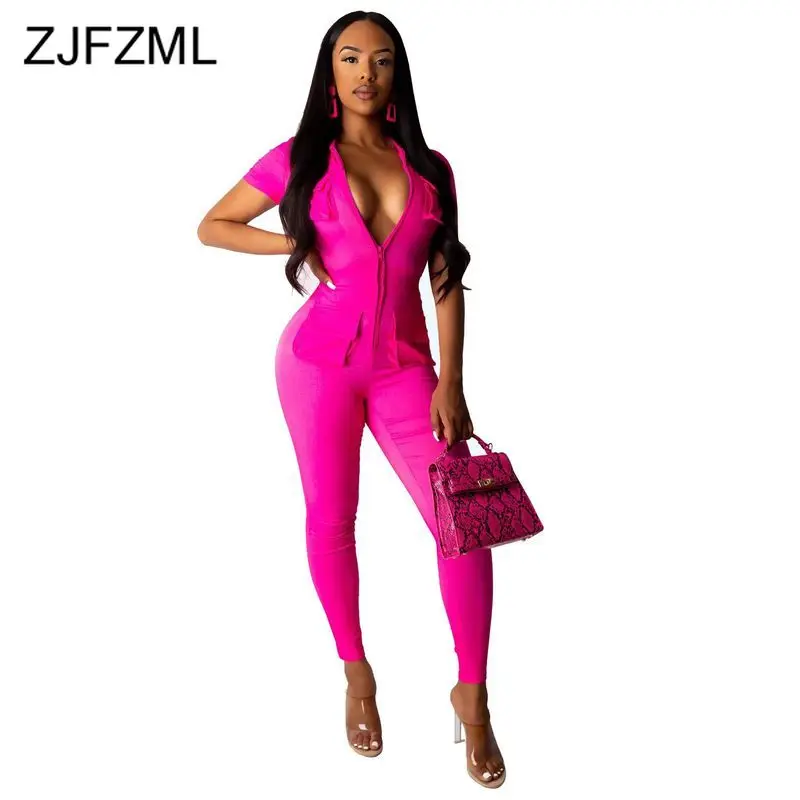 

Front Zipper Sexy One Piece Overalls for Women V Neck High Elastic Bandage Jumpsuits Summer Short Sleeve Rose Pockets Rompers