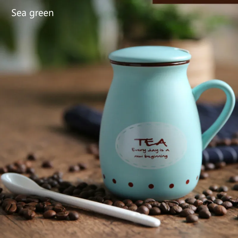 Sea green 400 мл, Корейская керамическая кружка, чашка для кофе, напитков с крышкой, ложка, чашка для молока, 8 видов стилей, простая Милая кружка, цветная кружка, кружка для Гипсофилы - Цвет: Sea green