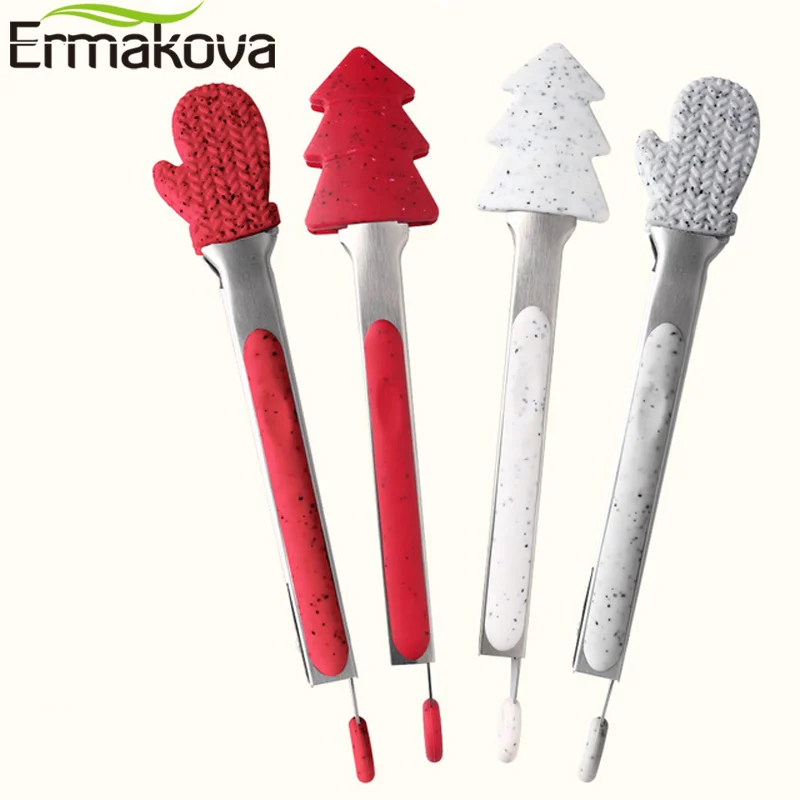 ERMAKOVA Silicone Food Tongs Baking Cooking Barbecue Tong Stainless Steel Bread Tong Steak Tong Kitchen Supplies Christmas Style