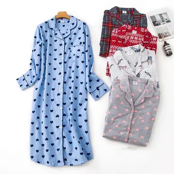 

100% Cotton Extended Flannel Women Nightdress Sleepwear Heart Printed Button Woman Nightwear Long Sleeve Loose Household Clothes