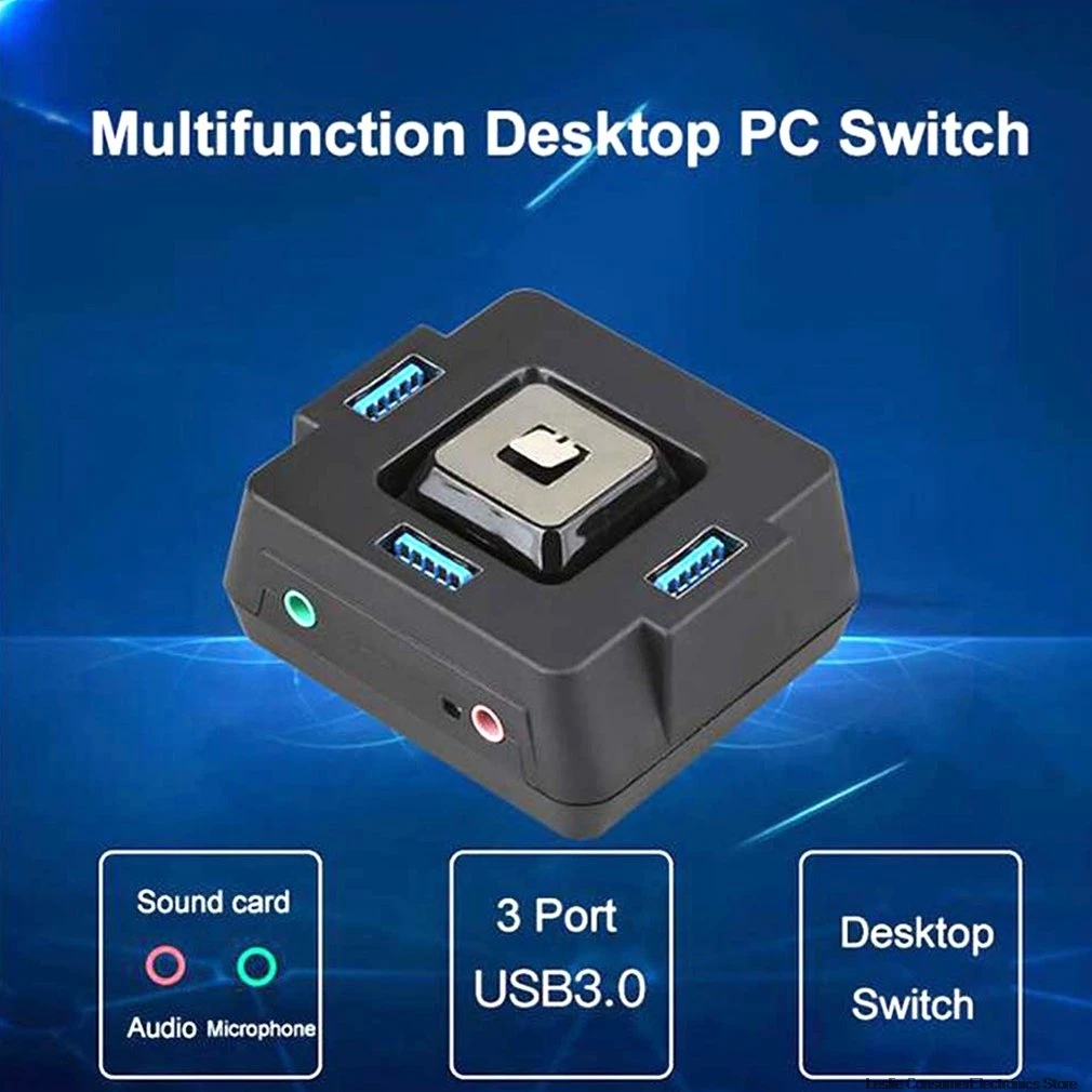 

Multifunction Desktop PC Switch 3 Port USB 3.0 With Audio Sould Computer Switch External Power Switch Reset Button Plug and Play
