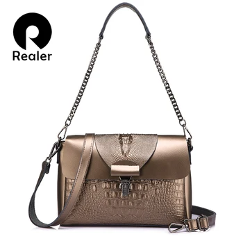 

REALER women messenger bags split leather top-handle bags ladies handbags female crocodile print shoulder crossbody purse totes