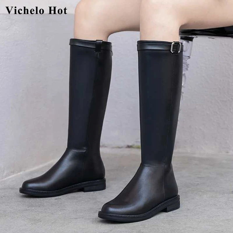 Vichelo/Лидер продаж; модные классические рыцарские сапоги из коровьей кожи; зимние женские теплые сапоги до бедра с пряжкой на среднем каблуке с круглым носком; L28