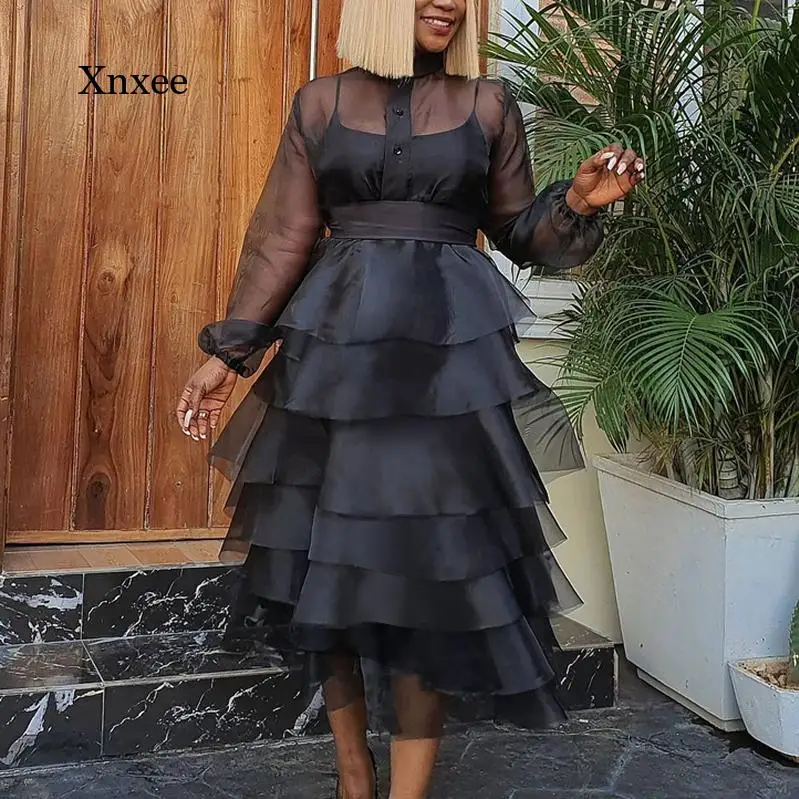 

Black Mesh Dress Fashion Women Party Sexy See Through Long Sleeve Ruffle Dresses Birthday Event Celebrity Vestidos Gowns Robe