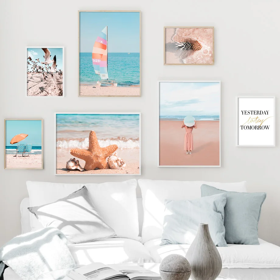 Wall Art Beach Girl Seagull Sailboat Starfish Canvas Painting Modern Posters Prints Home Decor Pictures Living Room Decoration | Дом и сад