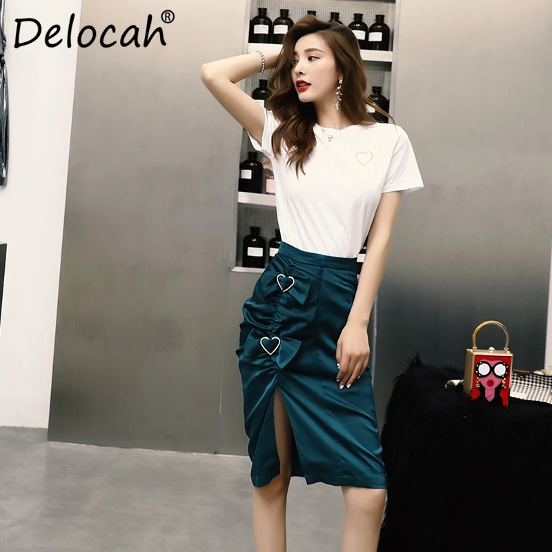 

Delocah Women Summer Casual Suit Runway Fashion White Short Sleeve Tops T-Shirt And Bow Split Midi Skirt Office Two Pieces Set