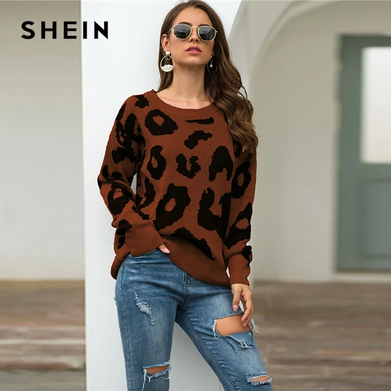 SHEIN зимний Повседневный свитер с леопардовым принтом для женщин, осень, уличная одежда с круглым вырезом и длинным рукавом, однотонные Женские базовые свитера