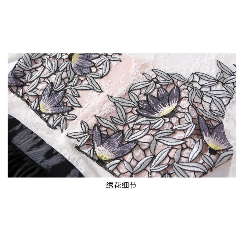 S-xl весенне-осеннее женское платье с цветочной вышивкой, белый кружевной топ, черное Плиссированное Платье, модное винтажное Элегантное макси-платье
