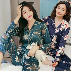 2020 Summer Autumn Long Sleeve Silk Satin Print Pajamas Sets For Women Sleepwear Suit Pyjamas Homewear Home Clothes