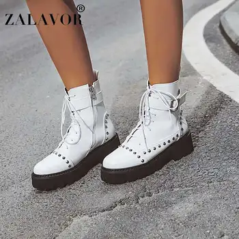 

RizaBina Women Ankle Boots Fashion Metal Buckle Rivets Gothic Shoes Women Winter Lace Up Casual Wedges Platform Boots Size 33-43