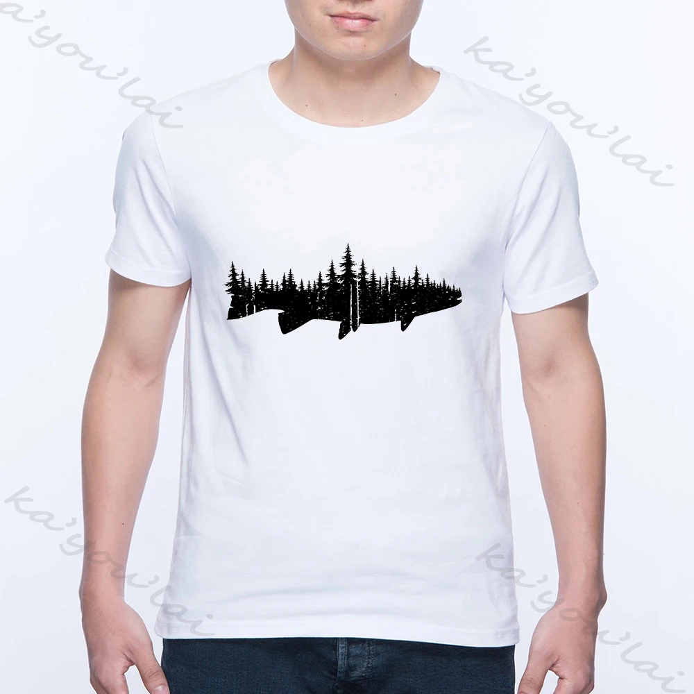 Винтажная Мужская футболка с принтом рыбок и леса модная уличная одежда в стиле