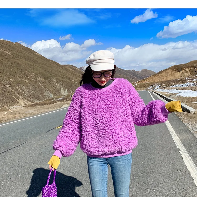 ANSFX Korea Hairy Shaggy Faux Lamb Fur Sweatshirt Long Lantern Sleeve O-Neck Pullover Coat Women Keep Warm Outerwear Top 2 Color