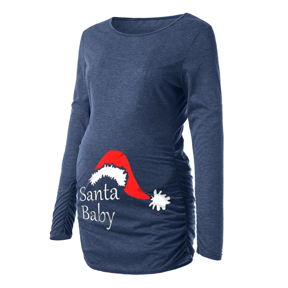 Рождественская Одежда для беременных женщин с длинным рукавом и мультяшным принтом сбоку, топы для беременных, футболки embarazada