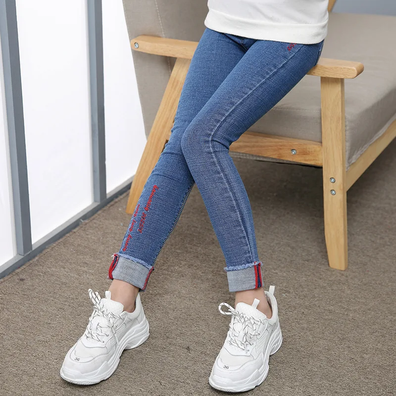 

Girls Young STUDENT'S Spring And Autumn Jeans Children Slim Fit Ultra-stretch English Skinny Crimping Trouser Legs Cowboy Long P