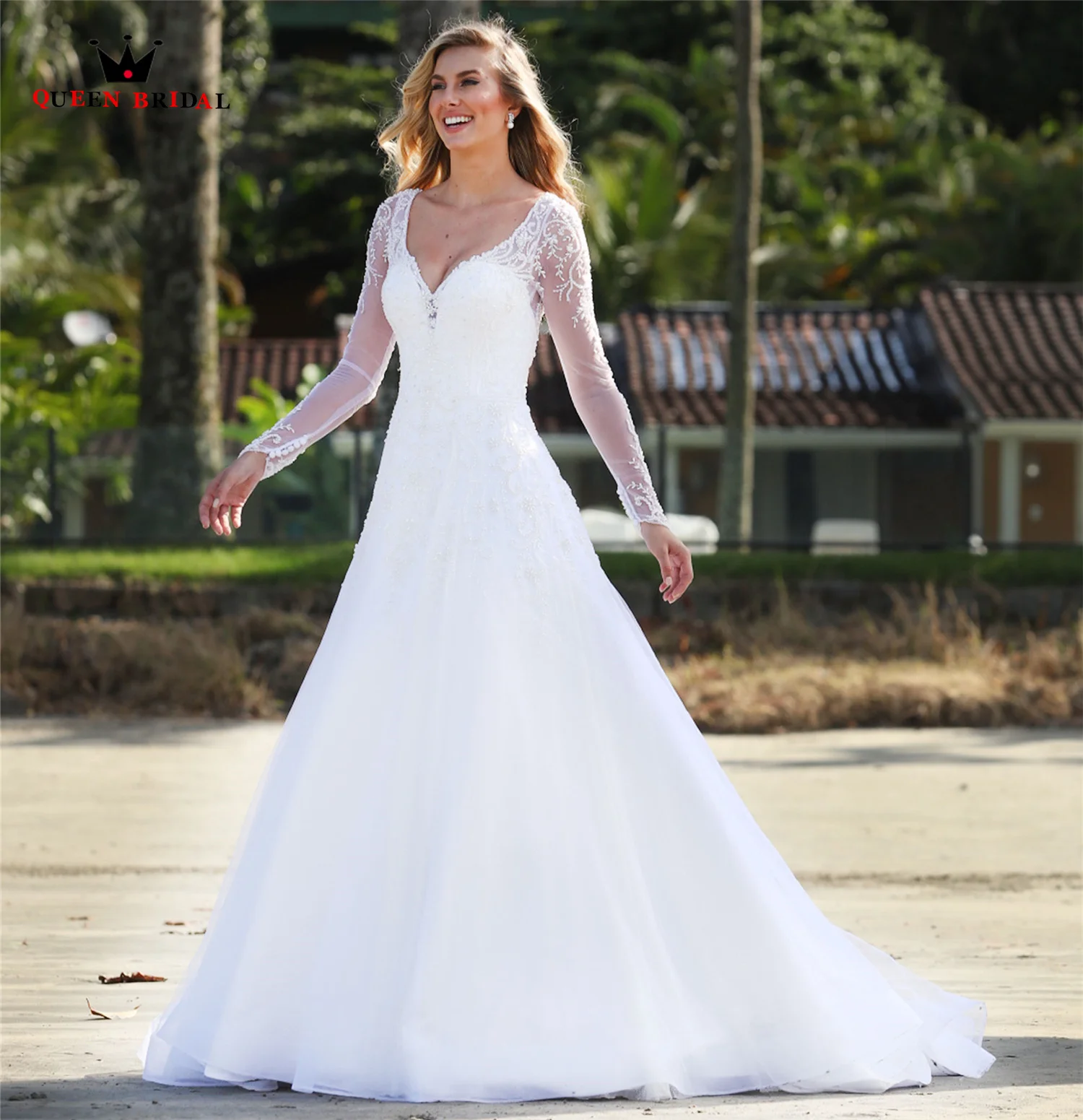 

Elegant Ball Gown V-neck Long Sleeve Wedding Dresses Tulle Beading Crystal 2023 New Design Formal Bride Dresses Custom Size BZ07