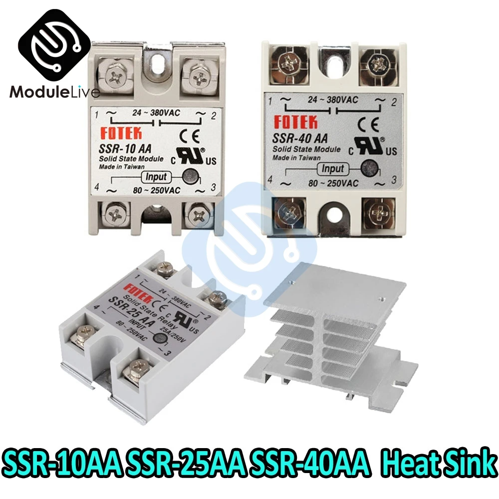 SSR-40AA 40A Solid State Relay Module 80-250V AC 24-380V  Aluminum Heat Sink 