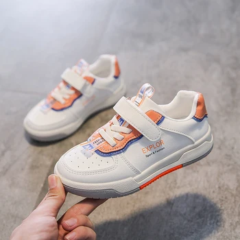 

Girls Autumn White Shoes Kids Flat Bottom Velcro Round Toe Comfortable Sports Shoes Boys Trendy Low-top Soft School Shoes