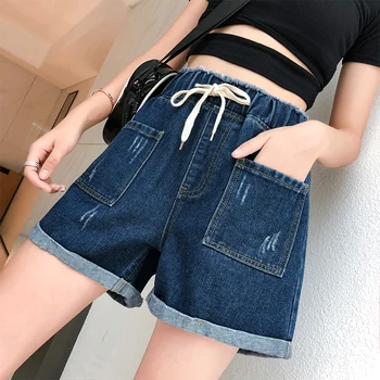 

2020 Plus Size Denim Shorts Women Pockets High Waisted Elastic Jean Shorts Casual New Straight Fashion Trousers Short Feminino