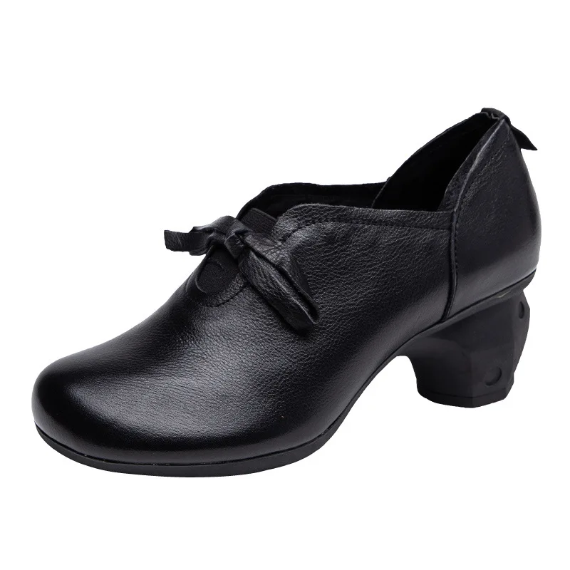 Soft sole comfortable leather thick heel women's single shoes round head retro women's shoes