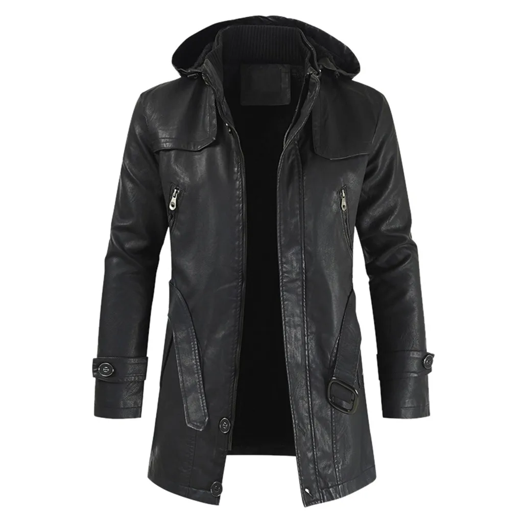 Мужская зимняя повседневная кожаная куртка на молнии с длинным рукавом, пальто с капюшоном, Топ s chaqueta hombre jaqueta masculino veste homme casaco - Цвет: Black