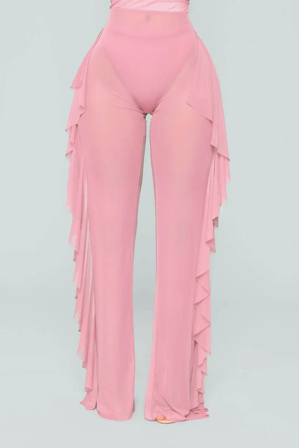 Новинка, женское летнее Сетчатое бикини с широкими штанинами, закрывающие штаны, брюки, пляжный купальник с оборками - Цвет: Розовый
