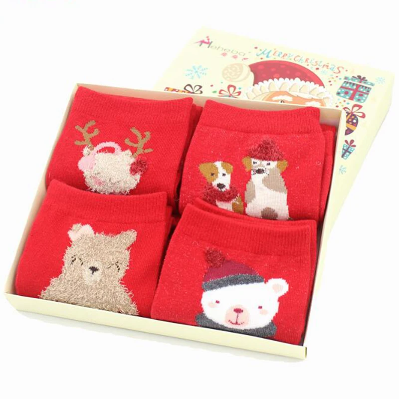 4 пары новых рождественских носков в подарочной коробке красные носки без пятки женские хлопковые носки с рождественским оленем