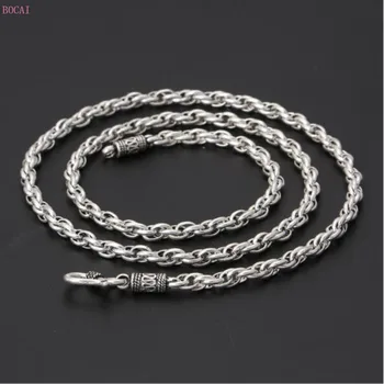 

BOCAI 2020 new S925 sterling silver necklace retro Thai silver twist hemp rope simple personality Necklace for men and women