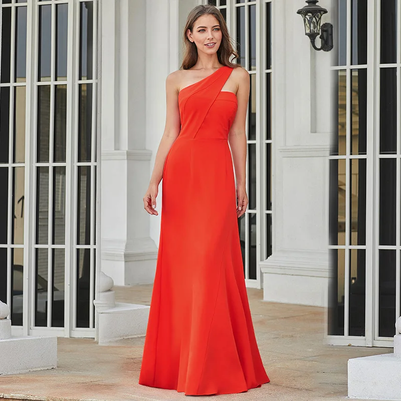 

[Price] Europe And America Sloping Shoulder Sleeveless Chiffon Drape Good Breathable Comfortable Banquet Formal Dress