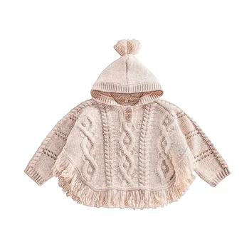 

Children's sweater girls' knitted coat autumn / winter LM series tassel hooded coarse knitted twist Cape lovely top 2020
