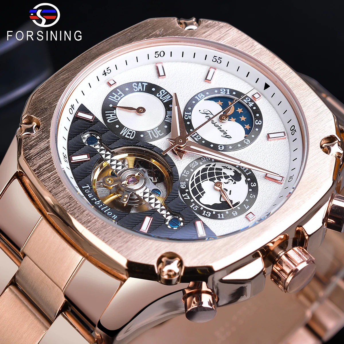 

Forsining Designer Automatic Tourbillon Watch Mens Rose Golden Moonphase Date Skeleton Mechanical Pilot Steel Strap Montre Homme