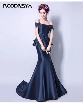 

Navy Blue Satin Mermaid Evening Dresses Appliques Beads robe de soiree Off the Shoulder sukienka wieczorowa Stretch Formal Gowns