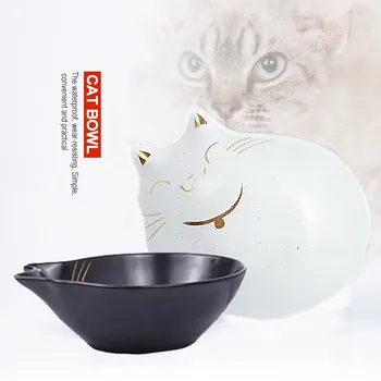 

Japanese Cat Shape Black and White Gold-painted Feeding Bowl High-quality Ceramic Pet Food Bowl To Protect The Cervical Spine