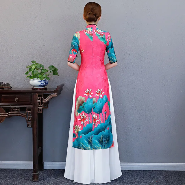 Plus size 5XL cheongsam autumn new female dignified atmosphere Austrian Chinese etiquette Printed pendulum dress Long cheongsam