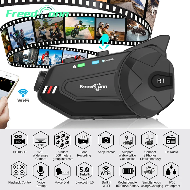 R1 Plus Wifi Recorder Bluetooth 5.0 Motorcycle Group Intercom HD 1080P Video FM 6 Riders Helmet Interphone Headset DVR