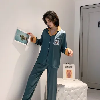 

Spring and Autumn Ice Silk Lapel Fashion Clothing at Home Thin Red Same Pajamas Female Silk Long Sleeve Trousers