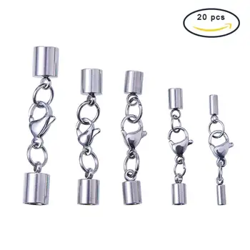 

20 Pcs 304 Stainless Steel Lobster Claw Clasps with Cord End Caps 5 Sizes